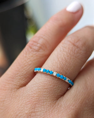 14k Gold Natural Diamond and Turquoise Stackable Band Ring