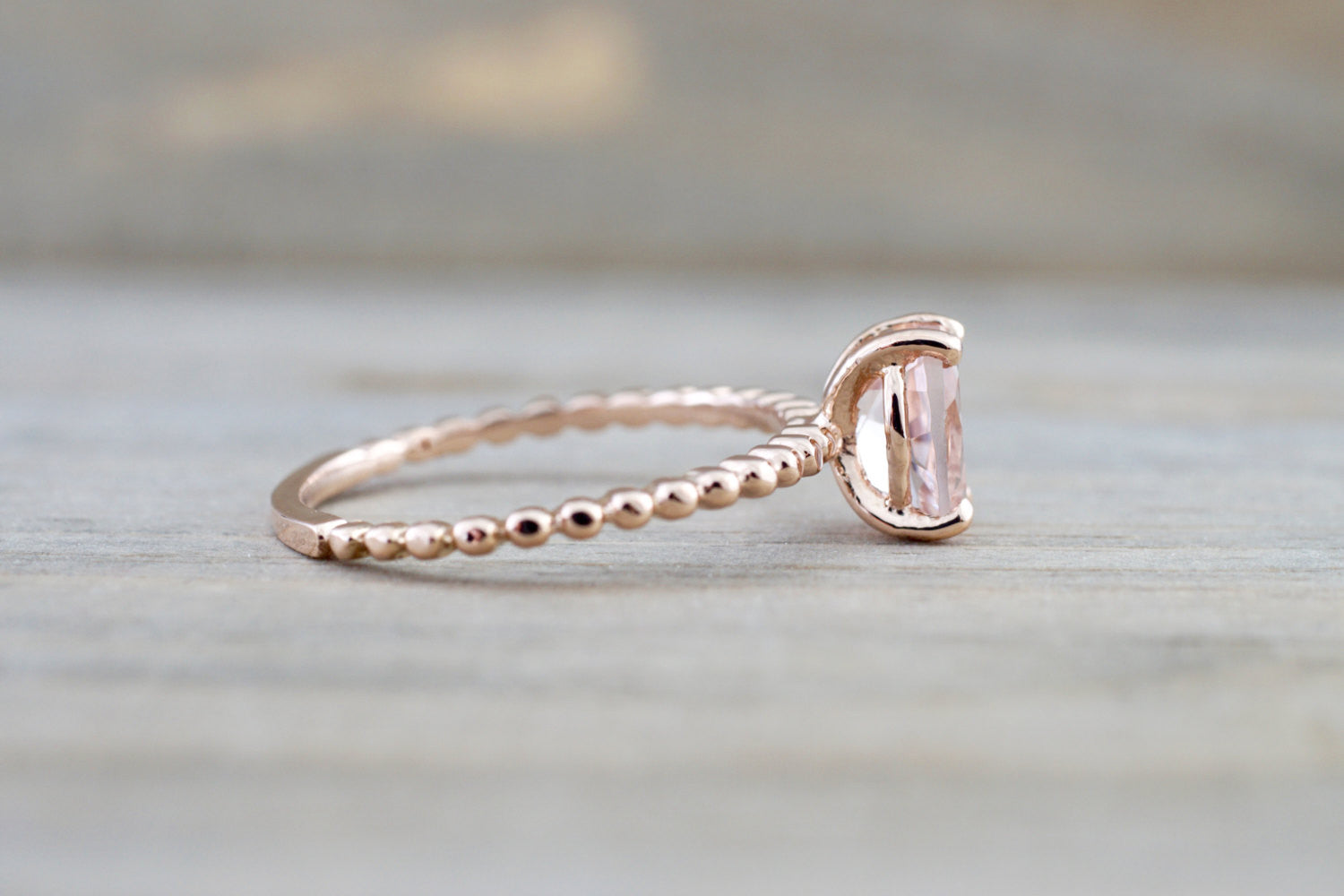 14k Rose Gold Oval Cut Pink Morganite Prong Engagement Promise Ring Rope Bead - Brilliant Facets