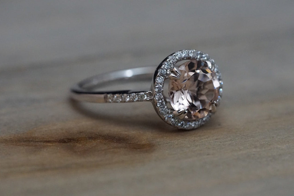 8mm Morganite 14k White Gold Round Pink Peach Diamond Halo Engagement Ring