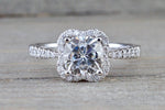 14k White Gold Cushion Moissanite Diamond Halo Engagement Promise Ring 6.5mm - Brilliant Facets