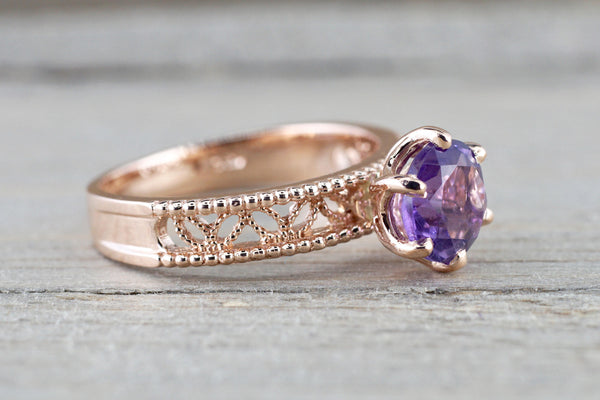 14k Rose Gold Round Purple Amethyst Ring Vintage Floral Milgrain