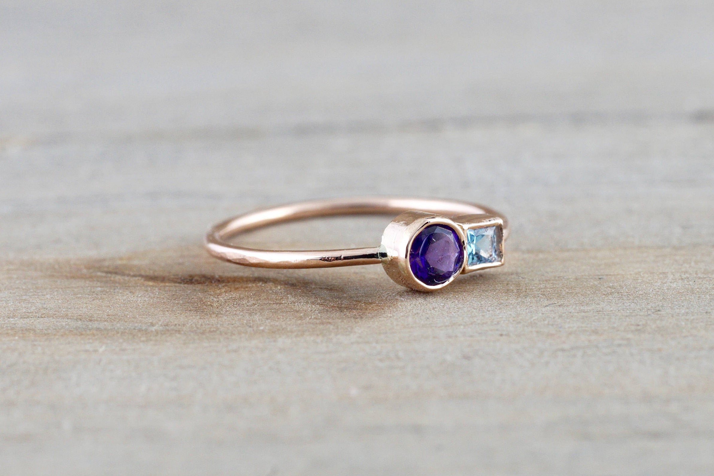 14k Rose Gold Amethyst and Blue Topaz Ring Dainty Band Bezel Mothers Birthstone Gemstone Stackable - Brilliant Facets