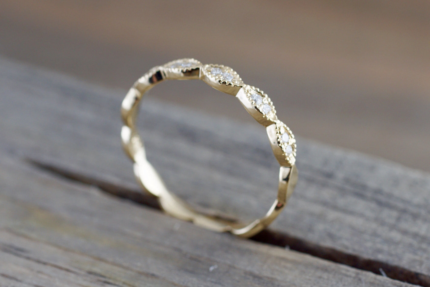 14k Yellow Gold Diamond Vintage Milgrain Etch Ring