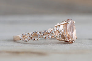 14k Rose Gold Elongated Oval Cut Morganite Diamond Infinity Twist Engagement Ring - Brilliant Facets