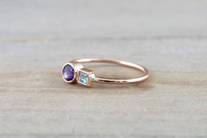 14k Rose Gold Amethyst and Blue Topaz Ring Dainty Band Bezel Mothers Birthstone Gemstone Stackable - Brilliant Facets
