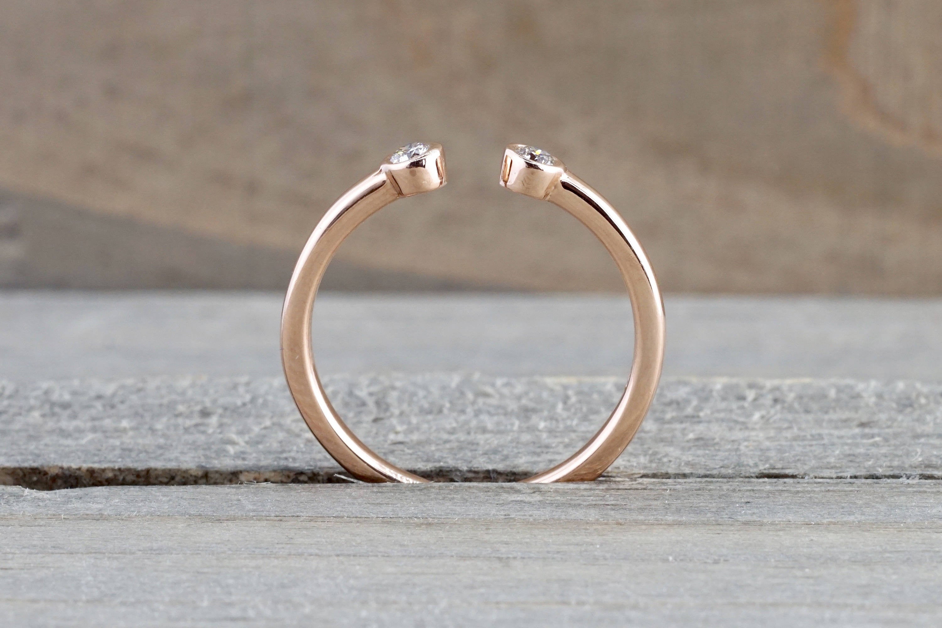14k Rose Gold Round Cut Diamond Bezel Open Cuff Fashion Promise Ring - Brilliant Facets