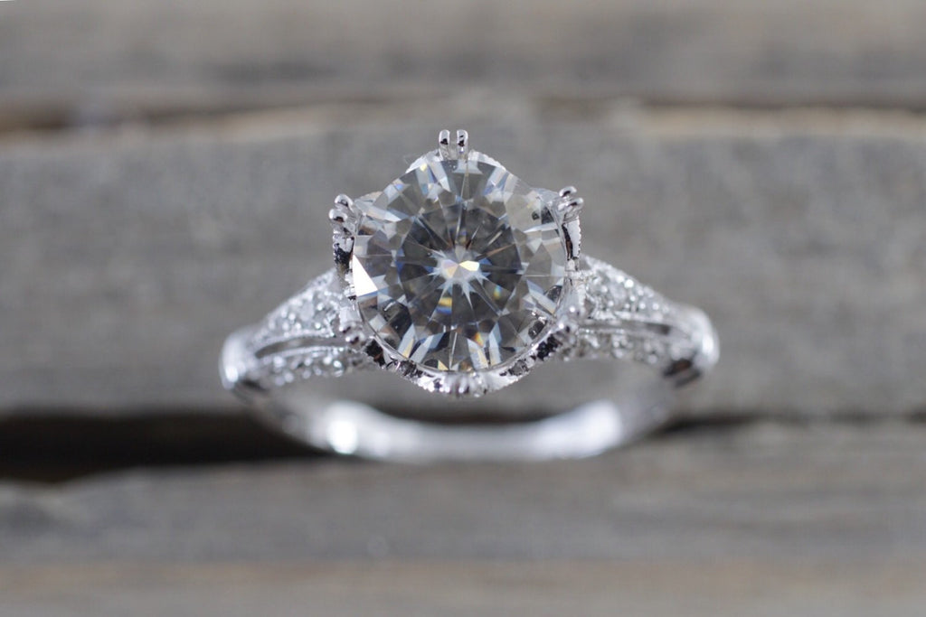 18k White Gold Crown Vintage Diamond Ring With Moissanite Diamond Halo Milgrain Engagement Ring
