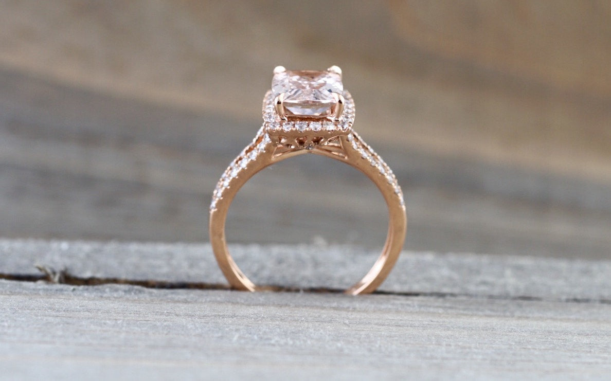 14k Rose Gold 9x7mm Cushion Morganite Diamond Halo Engagement Ring Split Shank - Brilliant Facets