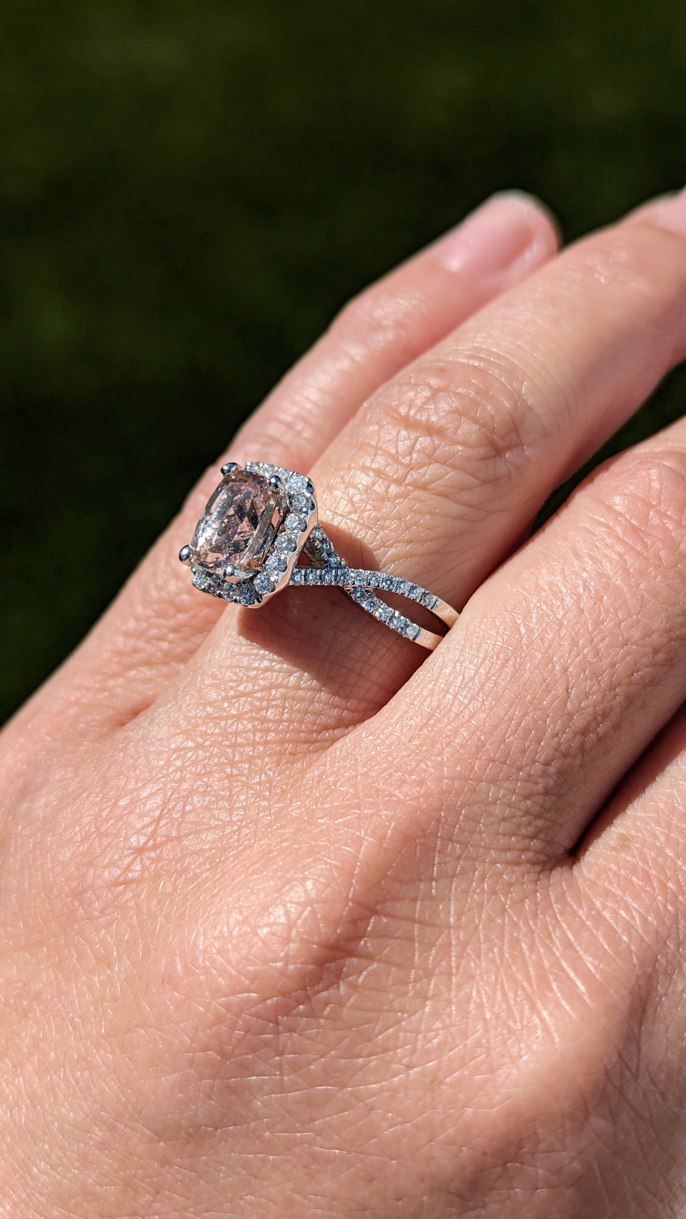 14k Gold Diamond Cushion Morganite Twist Halo Engagement Ring