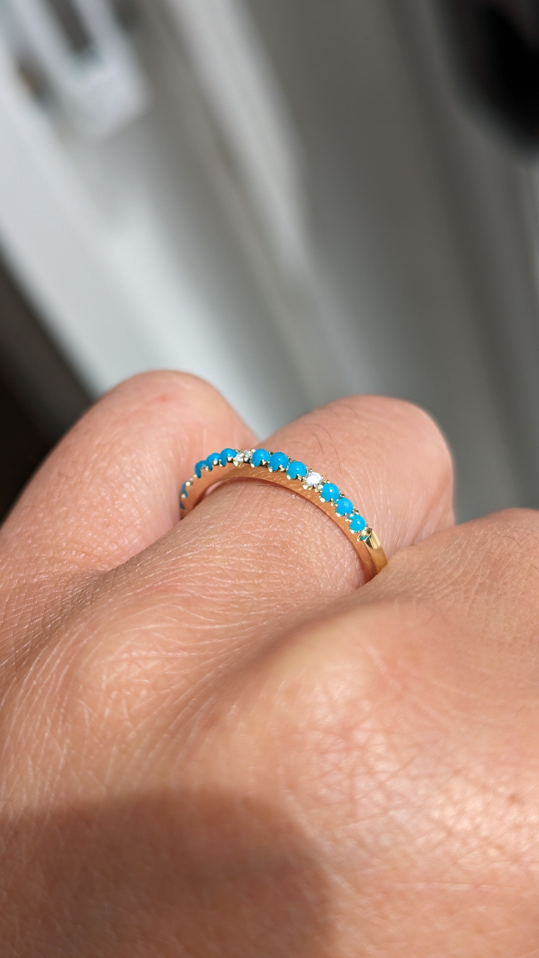 14k Gold Natural Diamond and Turquoise Stackable Band Ring