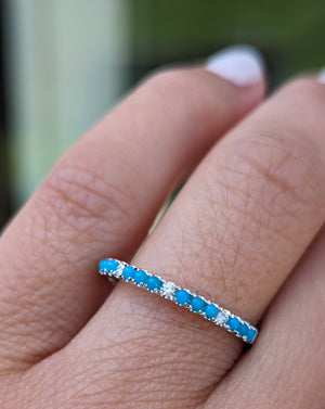 14k Gold Natural Diamond and Turquoise Stackable Band Ring