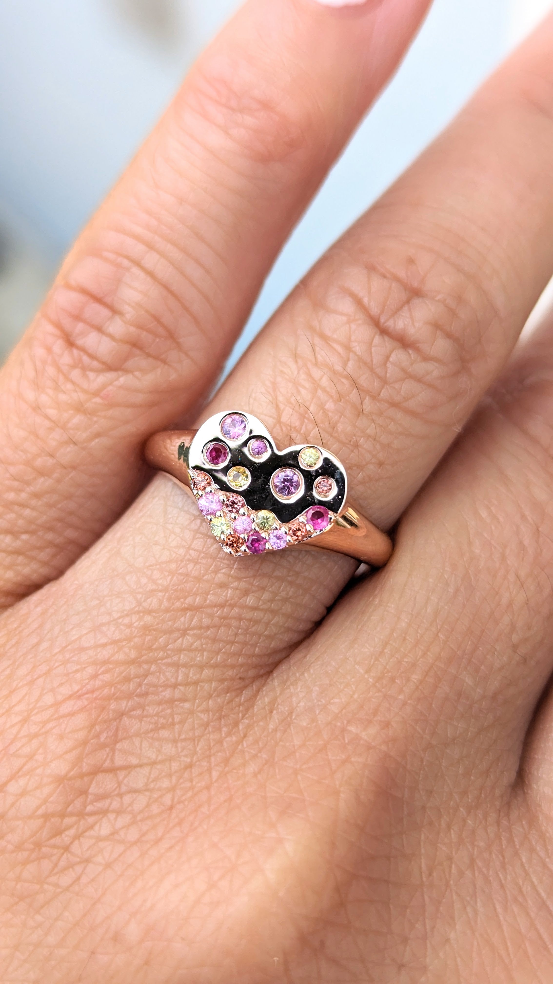 14K Rose Gold Multi Sapphire Heart Signet Ring Band