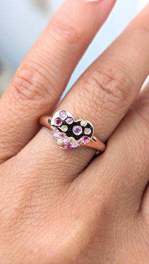 14K Rose Gold Multi Sapphire Heart Signet Ring Band