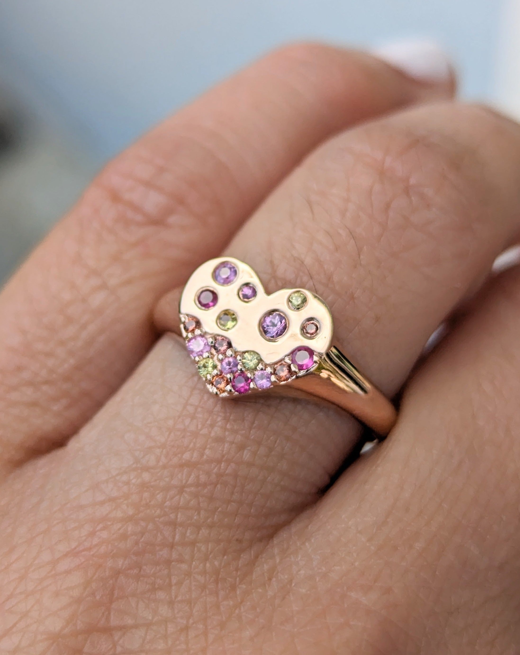 14K Rose Gold Multi Sapphire Heart Signet Ring Band