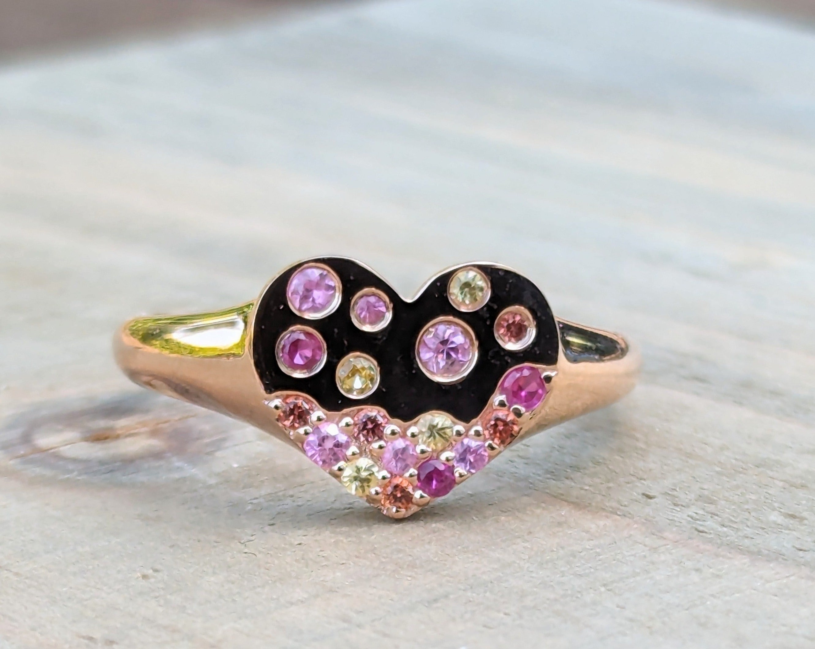 14K Rose Gold Multi Sapphire Heart Signet Ring Band