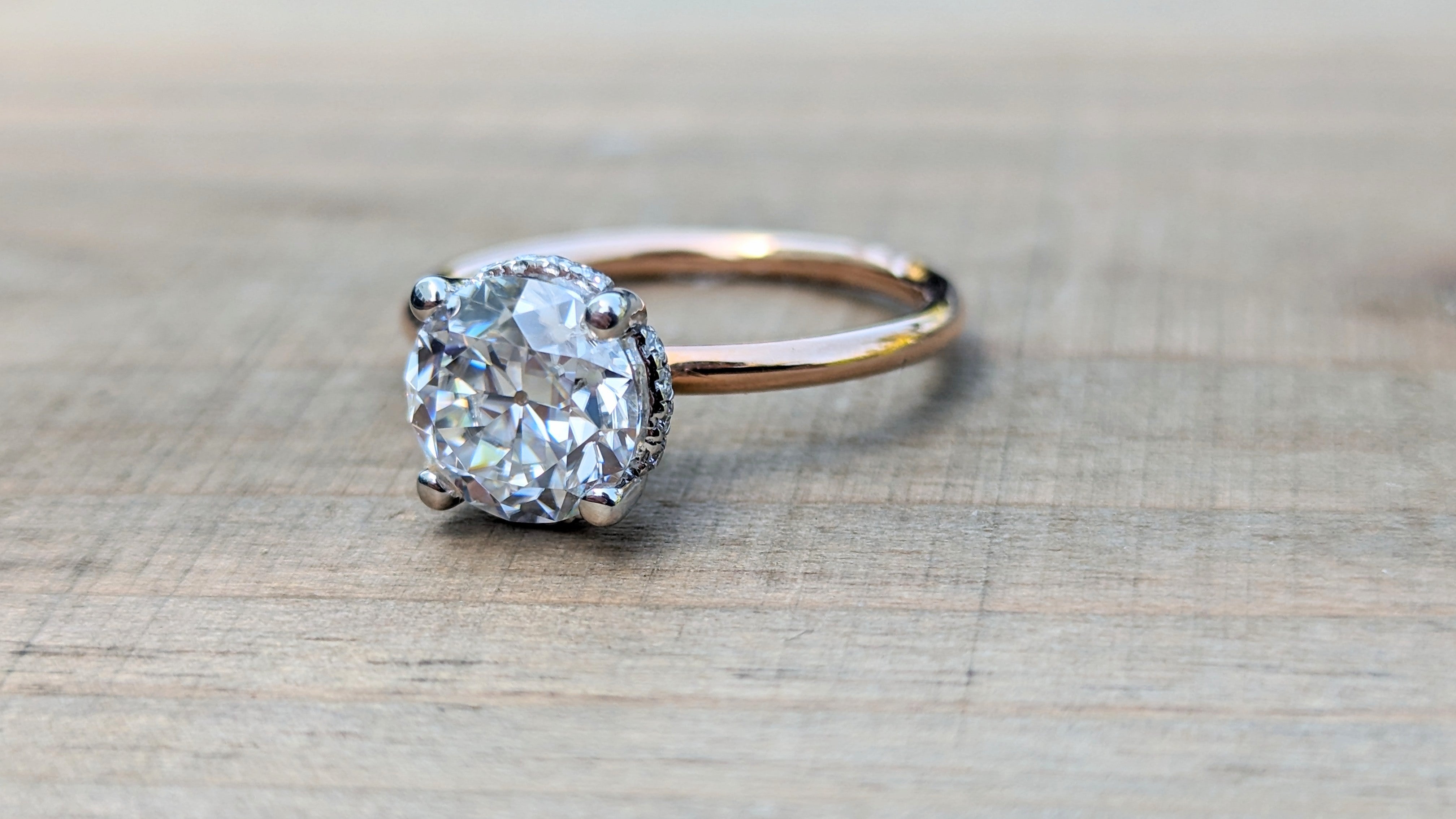 Special 14k White and Rose Gold Round Old Mined Euro Cut Moissanite hidden Halo engagement Ring