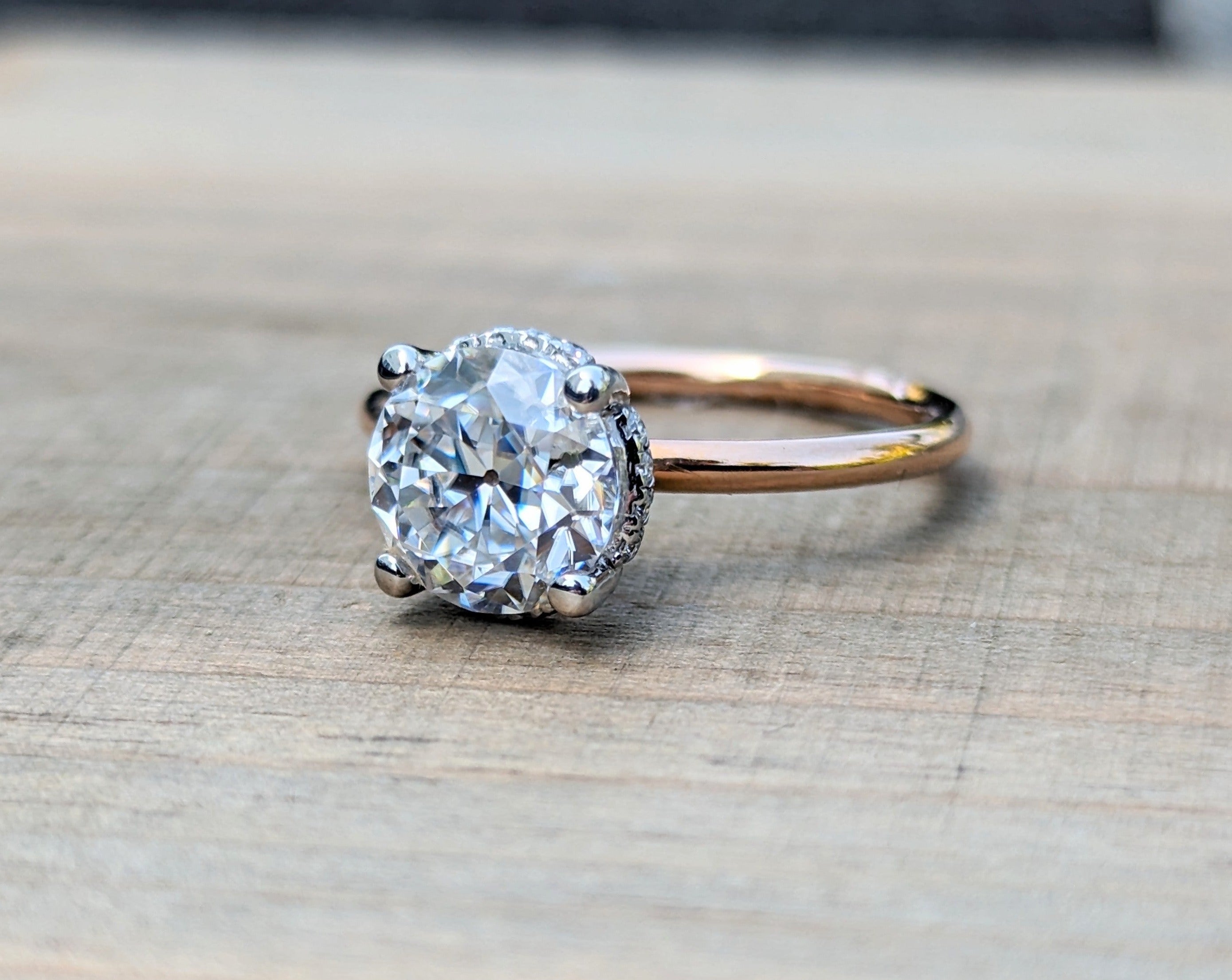 Special 14k White and Rose Gold Round Old Mined Euro Cut Moissanite hidden Halo engagement Ring