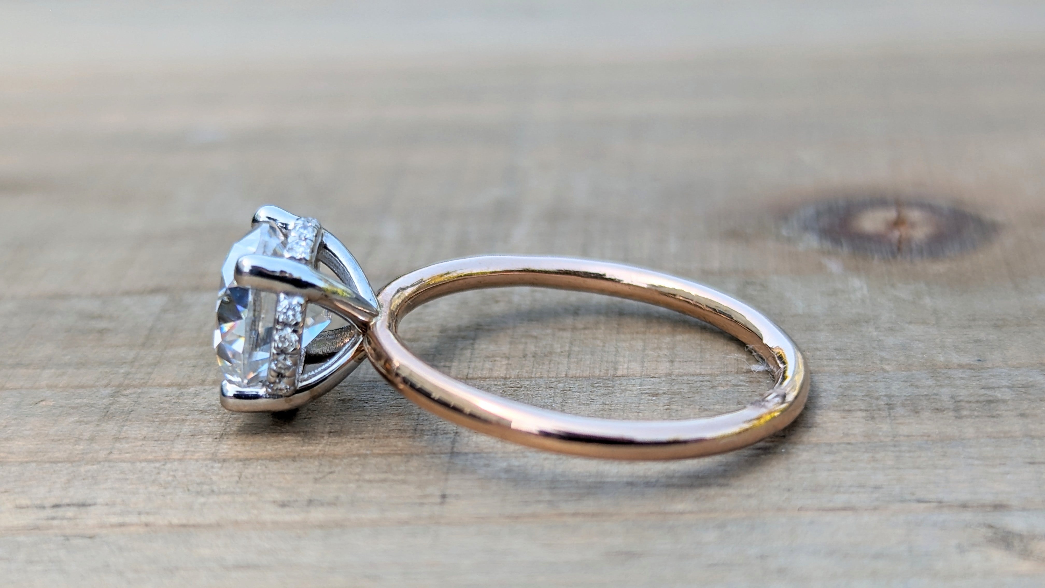 Special 14k White and Rose Gold Round Old Mined Euro Cut Moissanite hidden Halo engagement Ring