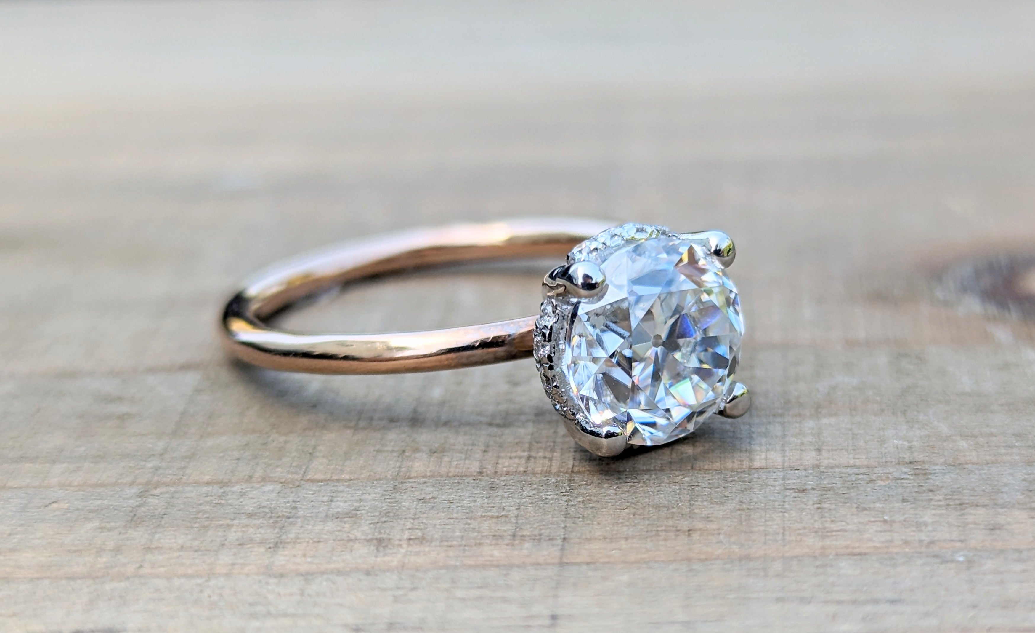 Special 14k White and Rose Gold Round Old Mined Euro Cut Moissanite hidden Halo engagement Ring