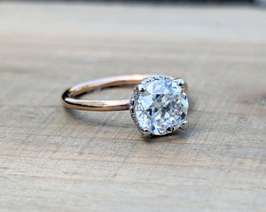 Special 14k White and Rose Gold Round Old Mined Euro Cut Moissanite hidden Halo engagement Ring