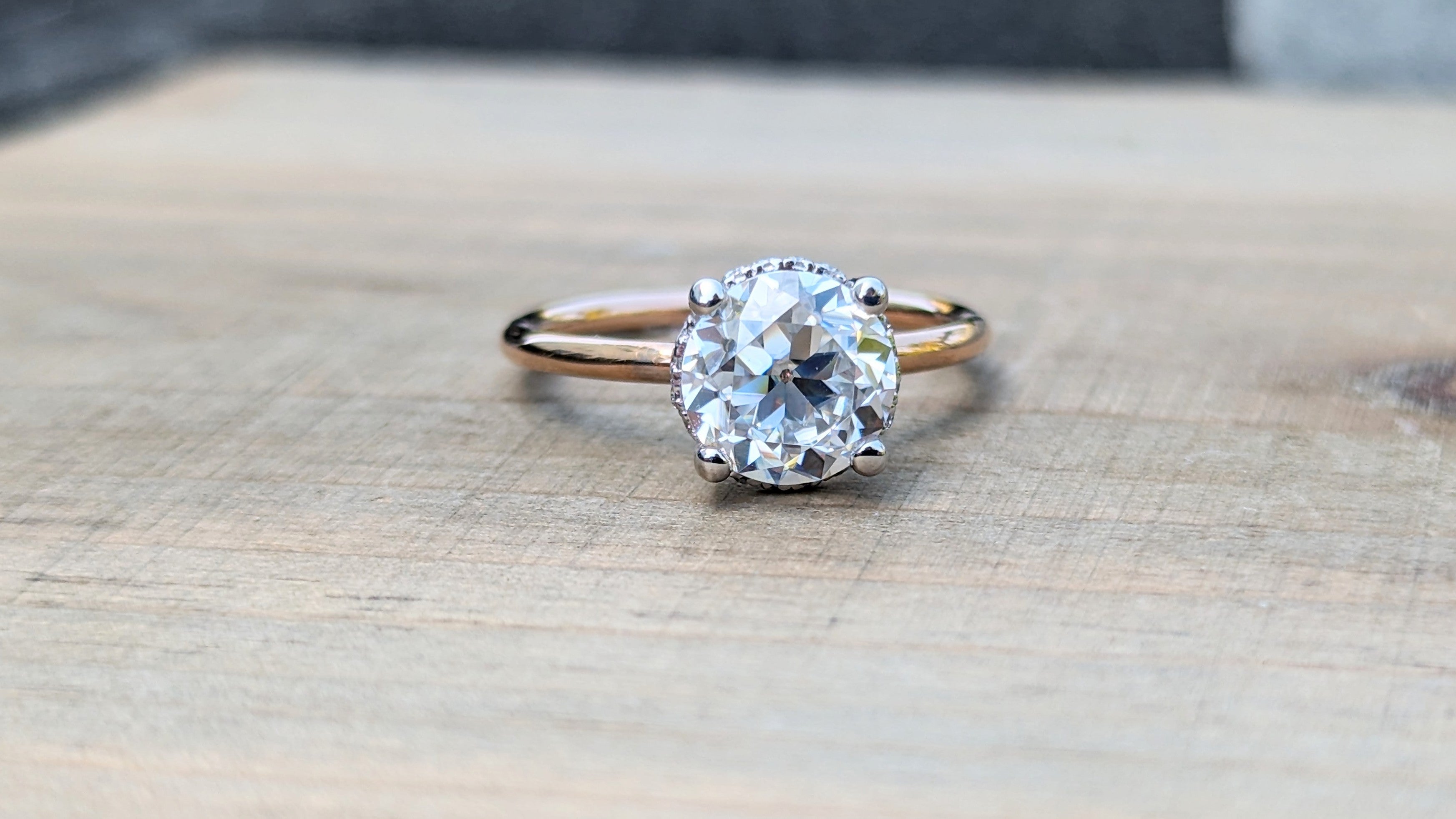 Special 14k White and Rose Gold Round Old Mined Euro Cut Moissanite hidden Halo engagement Ring