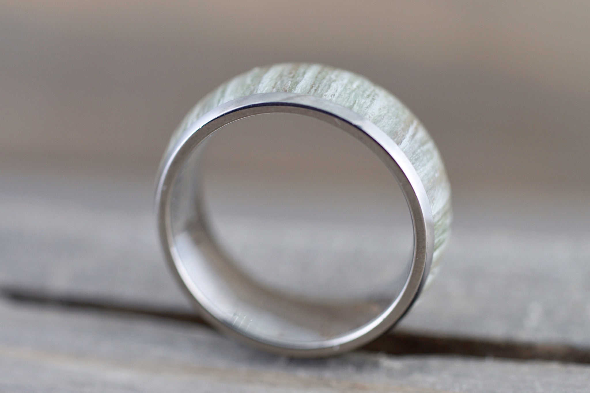 White Ash Wood Underlay in Titanium 8mm Domed High Men's Ring