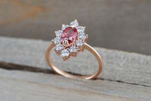 Oval Pink Peach Sapphire 14k Rose Gold Diamond Vintage Art Deco Halo Marquis Ring Heirloom