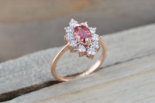 Oval Pink Peach Sapphire 14k Rose Gold Diamond Vintage Art Deco Halo Marquis Ring Heirloom