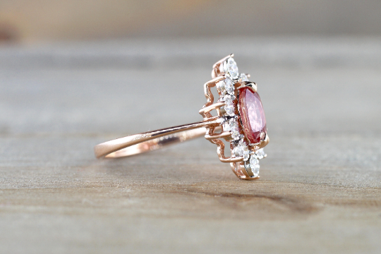 Oval Pink Peach Sapphire 14k Rose Gold Diamond Vintage Art Deco Halo Marquis Ring Heirloom