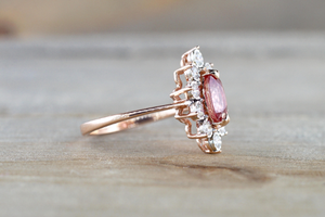 Oval Pink Peach Sapphire 14k Rose Gold Diamond Vintage Art Deco Halo Marquis Ring Heirloom