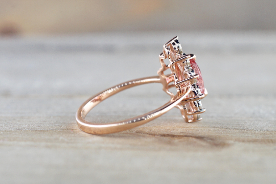 Oval Pink Peach Sapphire 14k Rose Gold Diamond Vintage Art Deco Halo Marquis Ring Heirloom