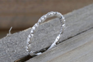 14k White Gold Dainty Thin Three Oval  Diamond Band Stackable Design Ring Curve 3/4 diamond around - Brilliant Facets