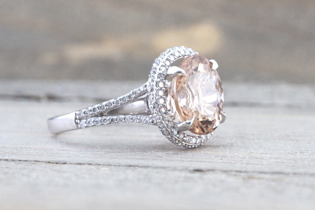 11x9mm Morganite 14k White Gold Oval Cut Pink Diamond Halo Engagement Ring Vintage - Brilliant Facets