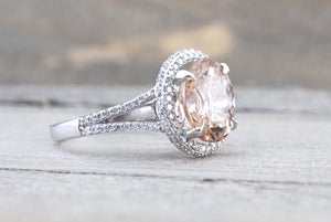 11x9mm Morganite 14k White Gold Oval Cut Pink Diamond Halo Engagement Ring Vintage - Brilliant Facets