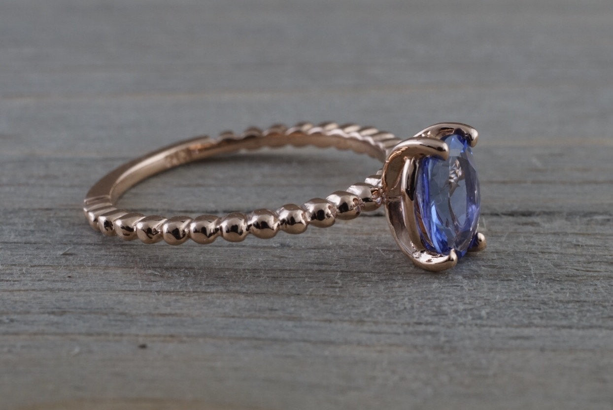 14k Rose Gold Elongated Oval Cut Tanzanite Engagement Promise Ring Rope Bead Vintage - Brilliant Facets