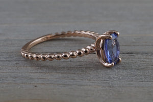 14k Rose Gold Elongated Oval Cut Tanzanite Engagement Promise Ring Rope Bead Vintage - Brilliant Facets