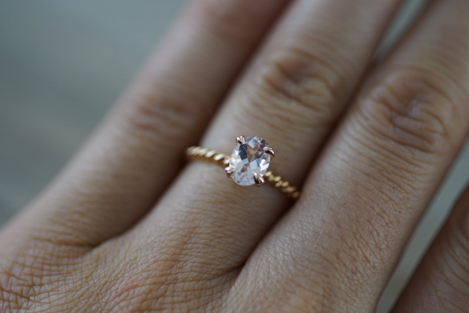 14k Rose Gold Oval Twist Rope Morganite Pink Engagement Ring Vintage - Brilliant Facets