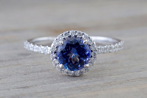 18k White Gold Round Cut Tanzanite Diamond Halo Wedding Engagement Promise Ring Anniversary