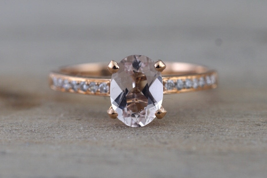 18k Rose Gold Diamond Oval Morganite Engagement Wedding Love Ring Band Dainty