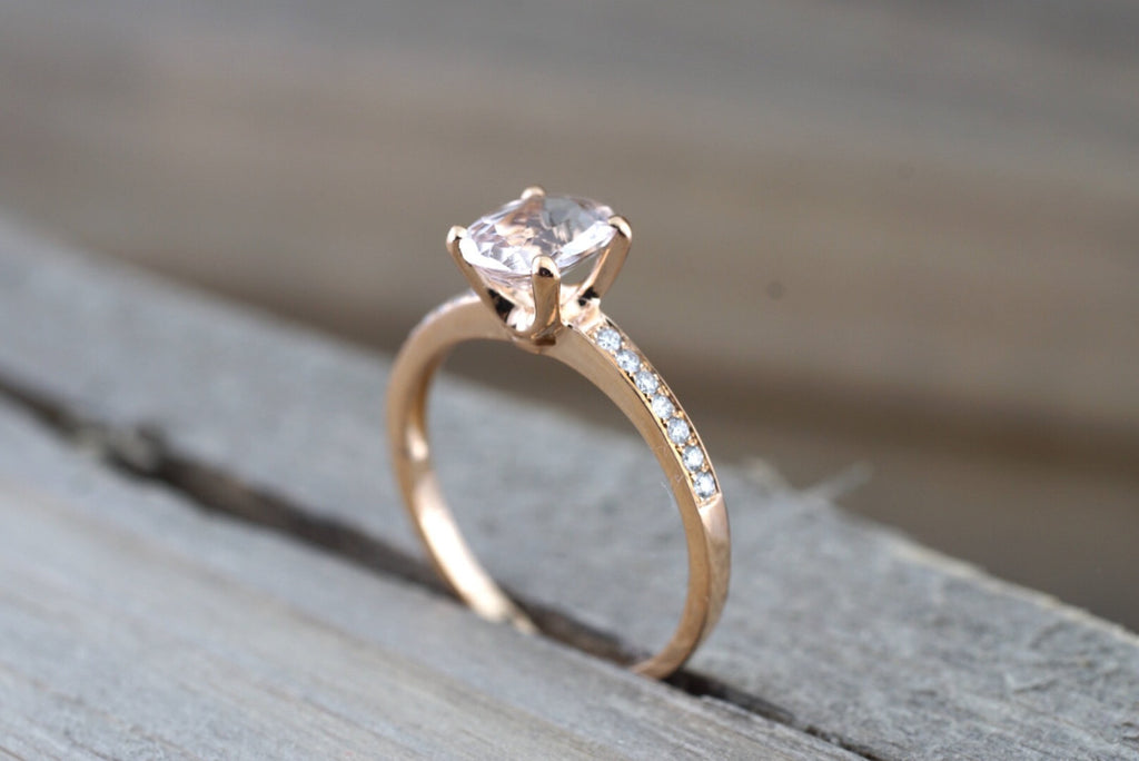 18k Rose Gold Diamond Oval Morganite Engagement Wedding Love Ring Band Dainty