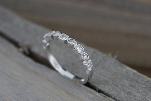 14K White Gold Art Deco Diamond Wedding Milgrain Etching Vintage Classic Ring - Brilliant Facets