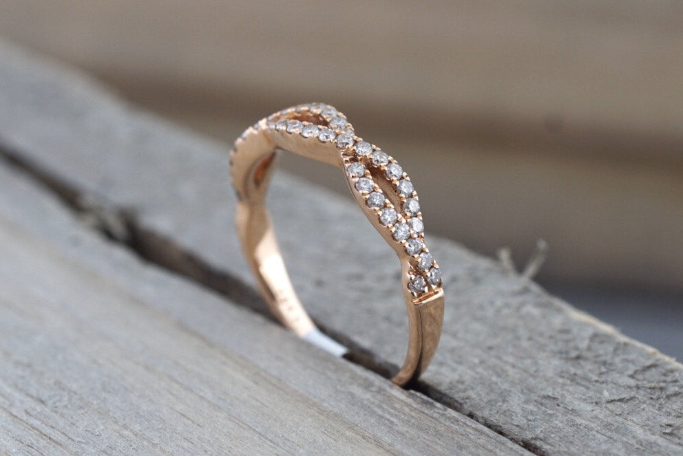 Twist Diamond Wedding Band in Solid Rose Gold Stacking Matching Wedding Ring
