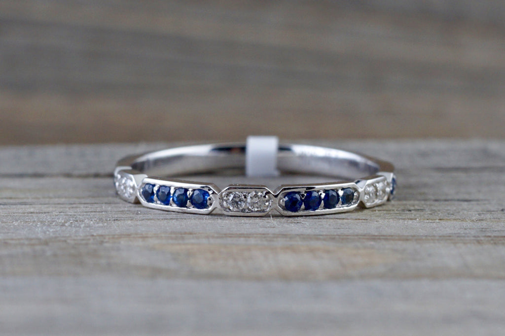 14k White Gold Blue Sapphire And Diamond Pave Stackable Ring - Brilliant Facets