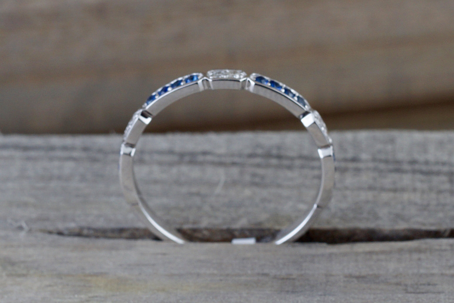 14k White Gold Blue Sapphire And Diamond Pave Stackable Ring - Brilliant Facets