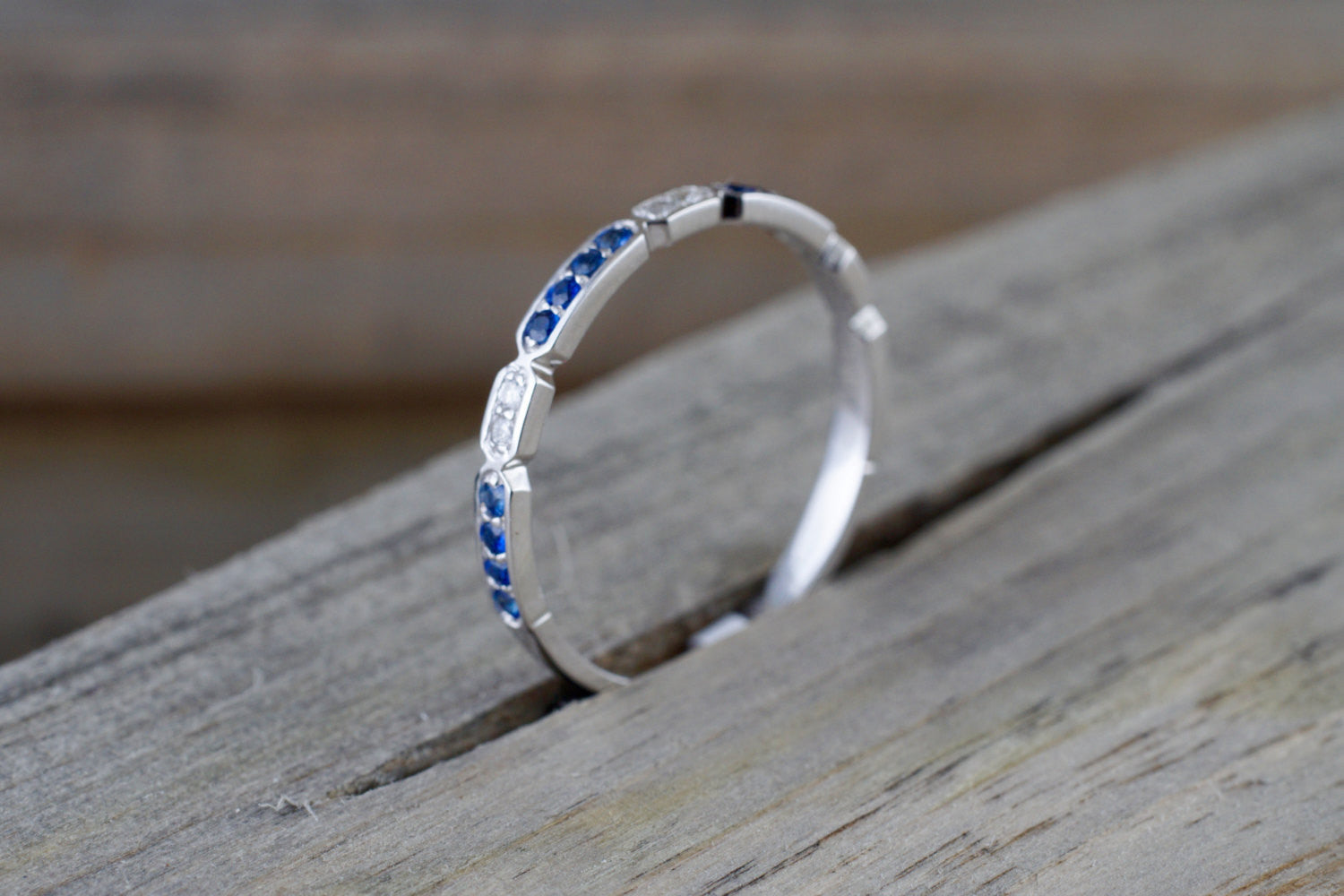 14k White Gold Blue Sapphire And Diamond Pave Stackable Ring - Brilliant Facets