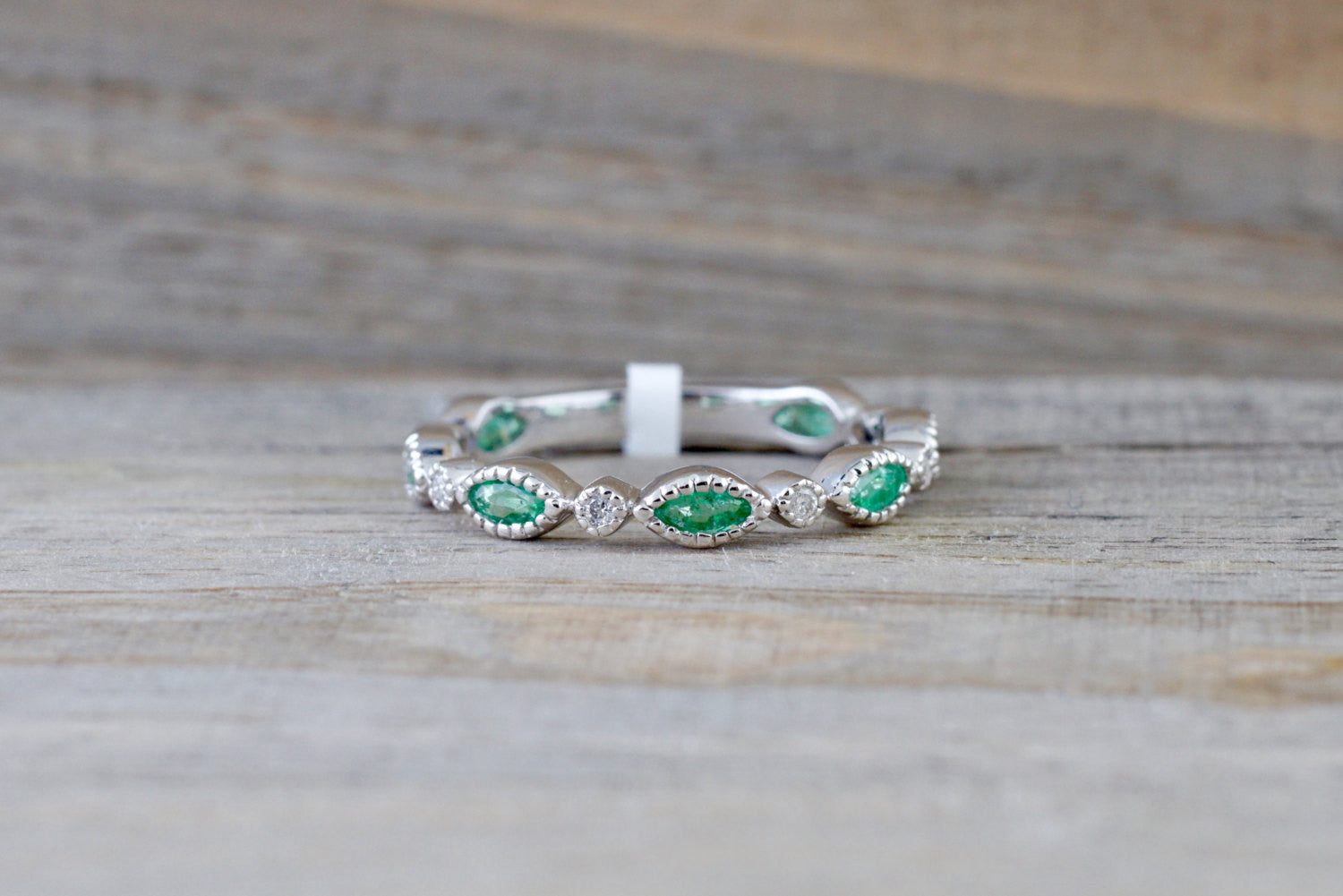 14k White Gold Marquis Cut Green Emerald Round Brilliant Cut Diamond Pave Ring