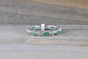 14k White Gold Marquis Cut Green Emerald Round Brilliant Cut Diamond Pave Ring