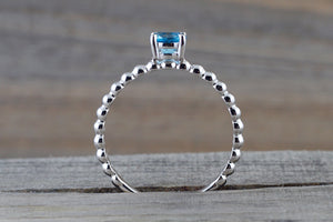 14k White Gold Round Cut Blue Topaz Beaded Band Engagement Ring