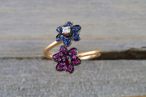 18K Rose Gold Art Deco Sapphire Diamond Floral Vintage Classic Ring Band Shaped