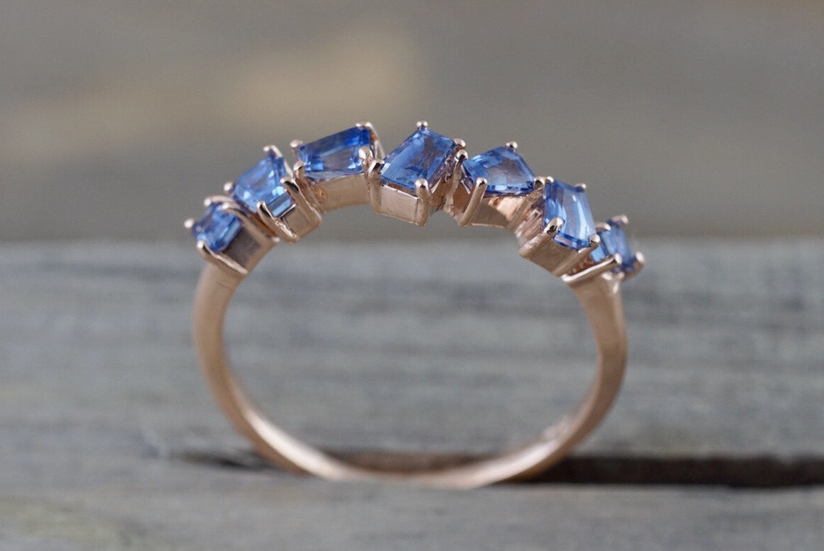 14k Rose Gold Ceylon Sapphire Baguette Stackable Design Ring Staggered Band - Brilliant Facets